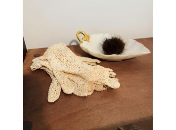 Vintage Crochet Gloves, Lenox Dish And Beaver Fur Keychain  (Bedroom 2)