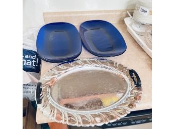 Pair Of Blue Duralex Glass Platters And Stainless Steel Tray (Kitchen)