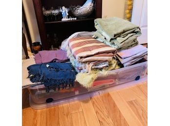 Bin Lot With Linens: Curtains, Bedding, Placemats, Etc.
