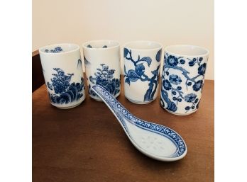 Vintage MOC Japanese Pottery Cups And Chinese Soup Spoon  (Bedroom 2)