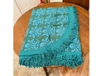 Vintage Teal And Green Bed Coverlet With Fringe (Kitchen)