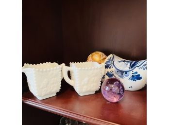 Milk Glass, Small Paperweight, Painted Ceramic Shoe From Holland, Etc.  (Bedroom 2)