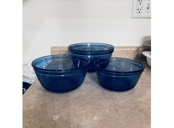 Set Of Blue Glass Anchor Hocking Nesting Mixing Bowls (Kitchen)