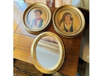 Gold Oval Mirror From Italy And Two Vintage Anne Allaben Prints (Bedroom 2)