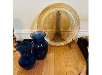 Glass Platter On Stand And Two Blue Glass Vases (Bedroom 2)