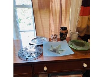 Platters, Uranium Glass Footed Tray, Vase, German Glass, Etc.