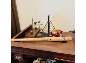 Vintage Sports Figurines, Golf Book Ends And Mini Red Sox Bat  (Bedroom 2)