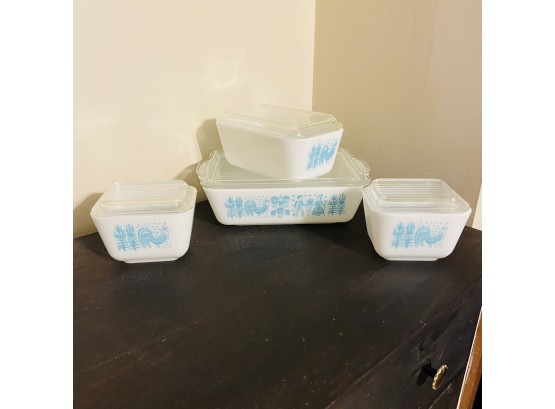 Fire King Lot Of 4 Baking Dishes With Lids - Amish Blue Rooster (kitchen)