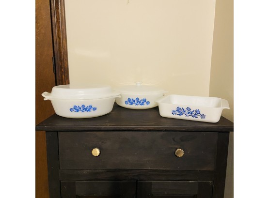 Fire King Lot Of 3 Baking Dishes With Blue Flower Design (kitchen)