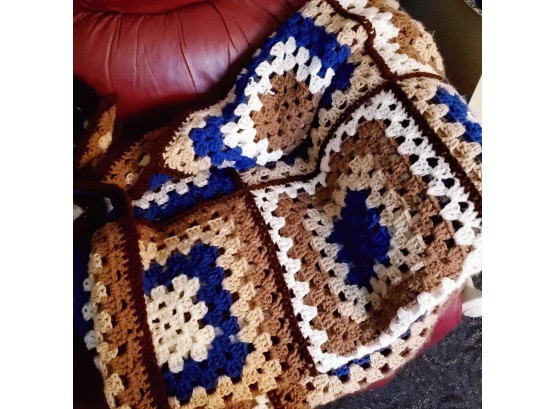 Handmade Knitted Blanket Brown/Blue/cream (Downstairs)