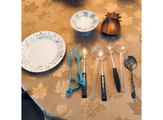 Utensils, Wooden Pineapple Dish, Pottery Dish And Johnson Brothers Plate (Dining Room)