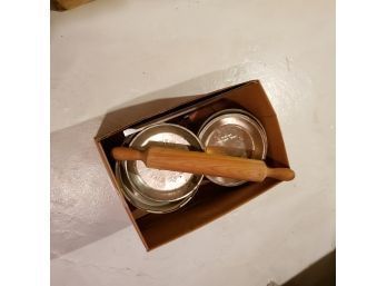 Box Of Vintage Pie Pans, Wooden Roller And Misc Pans (Downstairs Furnace Room))