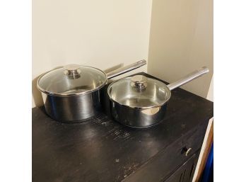 Wolfgang Puck Lot Of 2 Stainless Saucepans With Lids (kitchen)