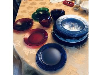 Assorted Colorful Glass Dishes In Blue, Red And Green (Dining Room)
