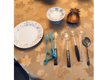 Utensils, Wooden Pineapple Dish, Pottery Dish And Johnson Brothers Plate (Dining Room)