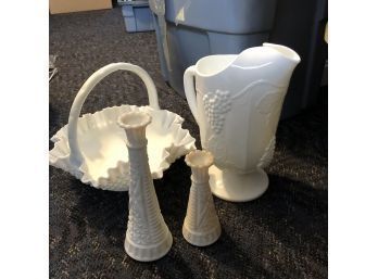 Milk Glass Basket, Vases And Pitcher (Downstairs)