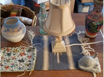 Shelf Lot. Native American Pottery, Small Lamp, Vase , Igloo, Dish(Downstairs)