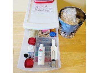 Container And Tin Of Beads, Glue And Other Craft Supplies