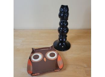 Owl Plate And Owl Candle Stick Holder