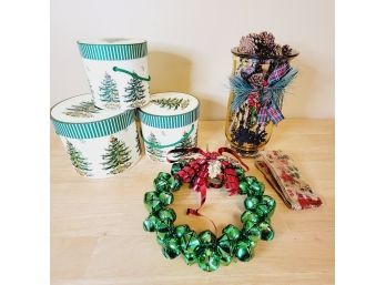 Spode Nesting Boxes, Bell Wreath And Pinecone Decoration