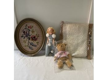Vintage Lot Including Cross Stitch Piece, Doll, And Lace