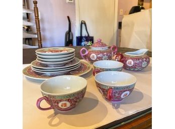 Vintage Chinese Plates, Teacups, Sugar Bowl, And Creamer