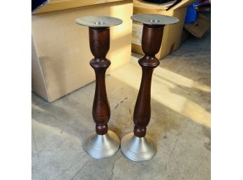 Pair Of Brushed Metal And Wooden Candlesticks