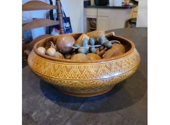 Decorative Wooden Bowl With Wooden Fruits And Veggies (Kitchen)