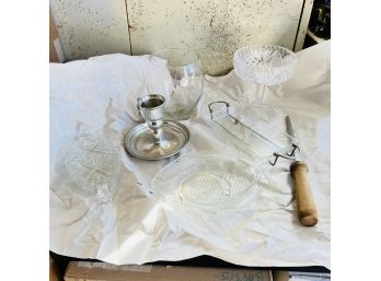 Vintage Cut Crystal Dishes, Candle Holder, Glassware And Knife Sharpener (Garage)