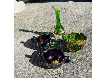 Colored Cut Glass Dishes And Vintage Green Glass And Gold Pitcher (Garage)