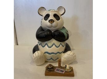 Panda Bank And Wooden Turtle/crane Bobble Figure