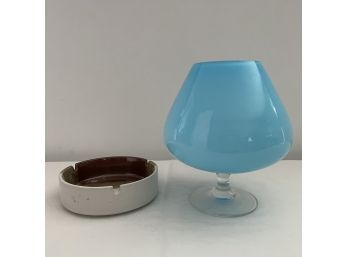 Vintage Pottery Ashtray And Large Light Blue Glass