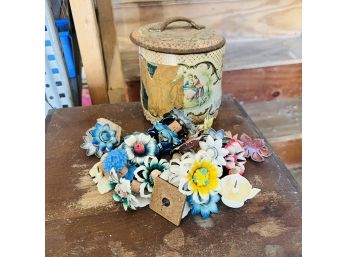 Vintage Floral Upholstery Pins In A Tin (Garage)