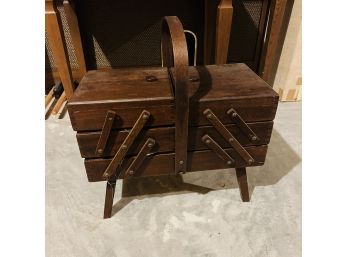 Vintage Wood Expanding Sewing Storage Box With Notions (Basement)