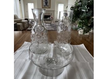 Beautifully Etched Crystal Bowl, Wine Carafe And Vase  (Dining Room)