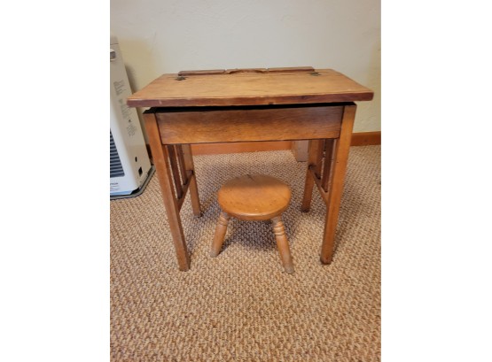 Small Wooden Child's Desk Filled With Misc Tools (Living Room)