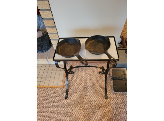 Small Tile Top Table With 2 Cast Iron Pans (Living Room)