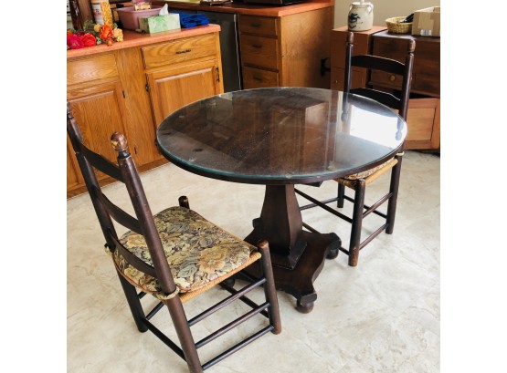 Round Wood Dining Table With Two Rush Seat Chairs (Kitchen)