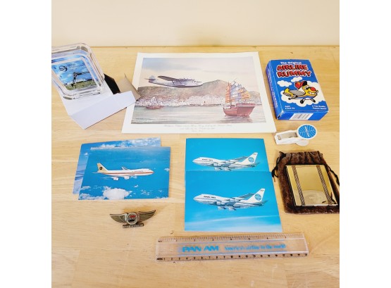 Pan Am Menu, Postcards, Ruler And Other Airlines Memorabilia