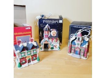 Set Of 3 Ceramic Christmas Village Collectibles