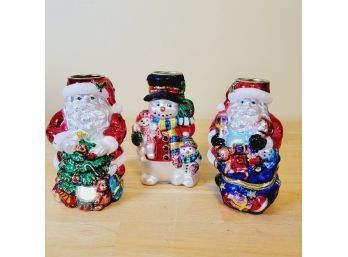 Set Of 3 Glass Votive Holders Santa's And Snowman