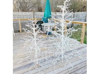 Set Of 2 White Metal Trees With Lights. 5' And 3.5'