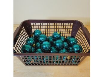 Vintage Teal Green  Glass Christmas Bulbs In Brown Basket