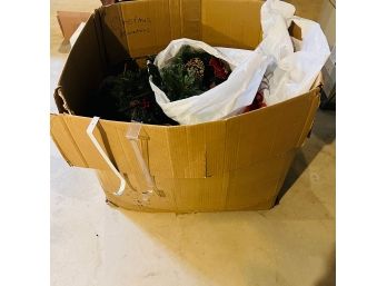 Large Box With Holiday Wreaths And Garland (Basement)