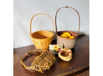 Assorted Baskets, Faux Lemons And Embroidered Mini Pillow