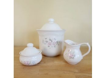 Pfaltzgraff Ceramic Canister And Sugar And Creamer In Tea Rose Pattern
