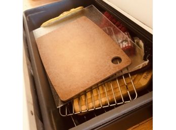 Oven Drawer Lot: Cutting Boards And Wire Racks