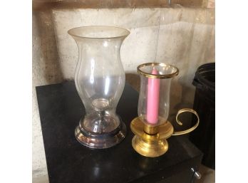 Silver Plate And Brass Tone Candle Holders With Glass Shades (Basement)
