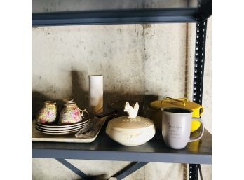 Shelf Lot: Yellow Dansk Enamelware Pan, Dishes, Etc. (Basement)