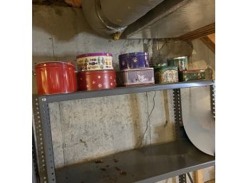Shelf Lot Of Decorative Tins (basement)